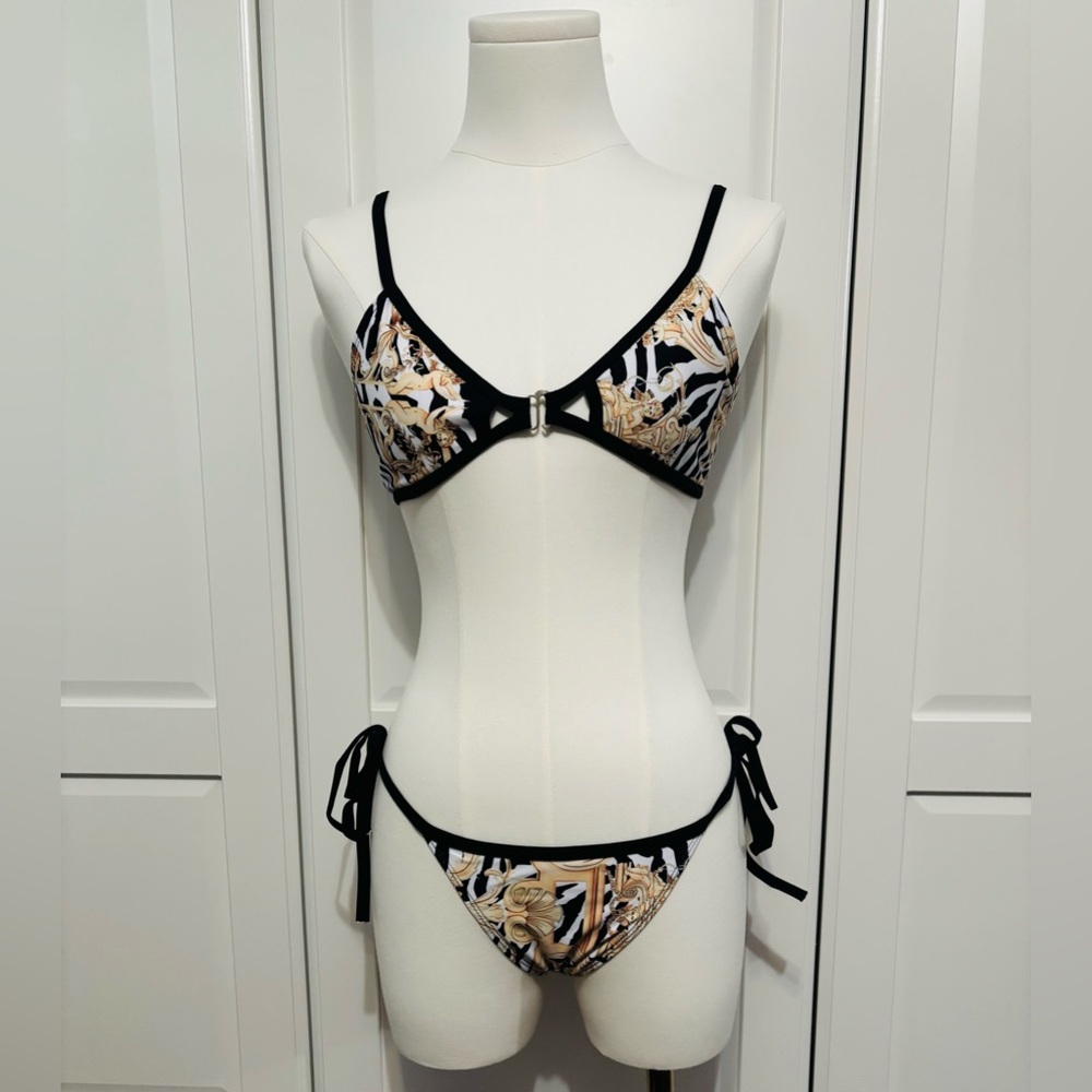 Floral Scroll Tie-Side Bikini - Black & Gold in Sizes S, M, L
